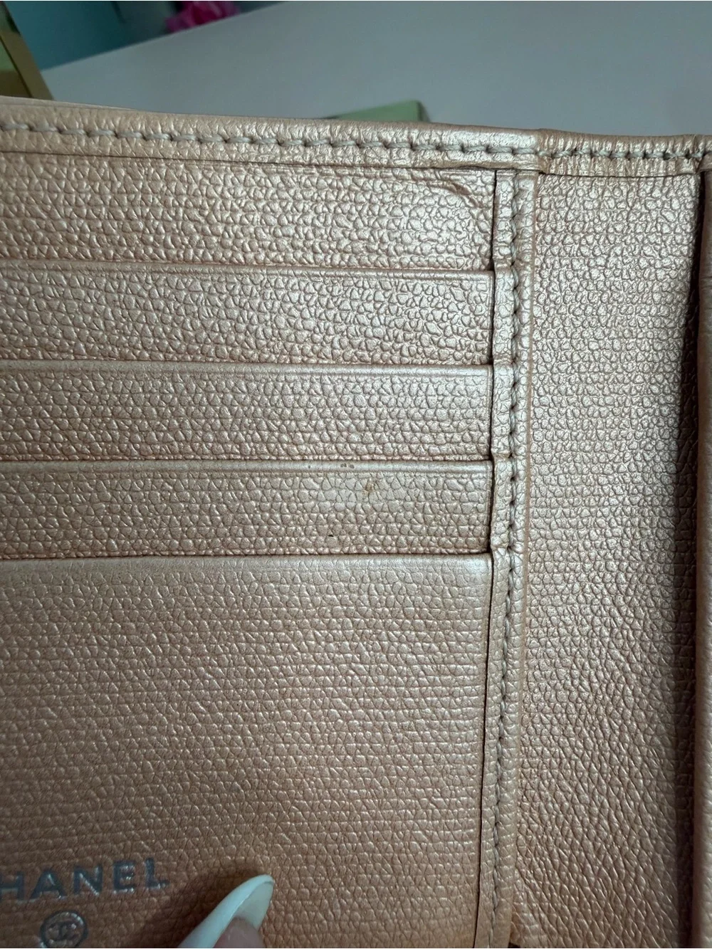 Chanel Vintage Caviar Leather CC Button Bifold Wallet Metallic Pink Salmon Peach
